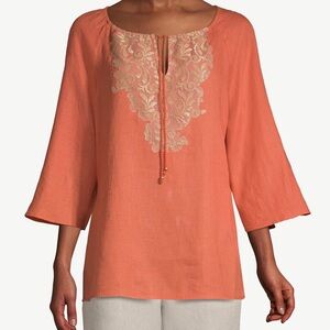 Chico's Petite 3/4-Sleeve Lace-Front Linen Top - US Size - 4/6